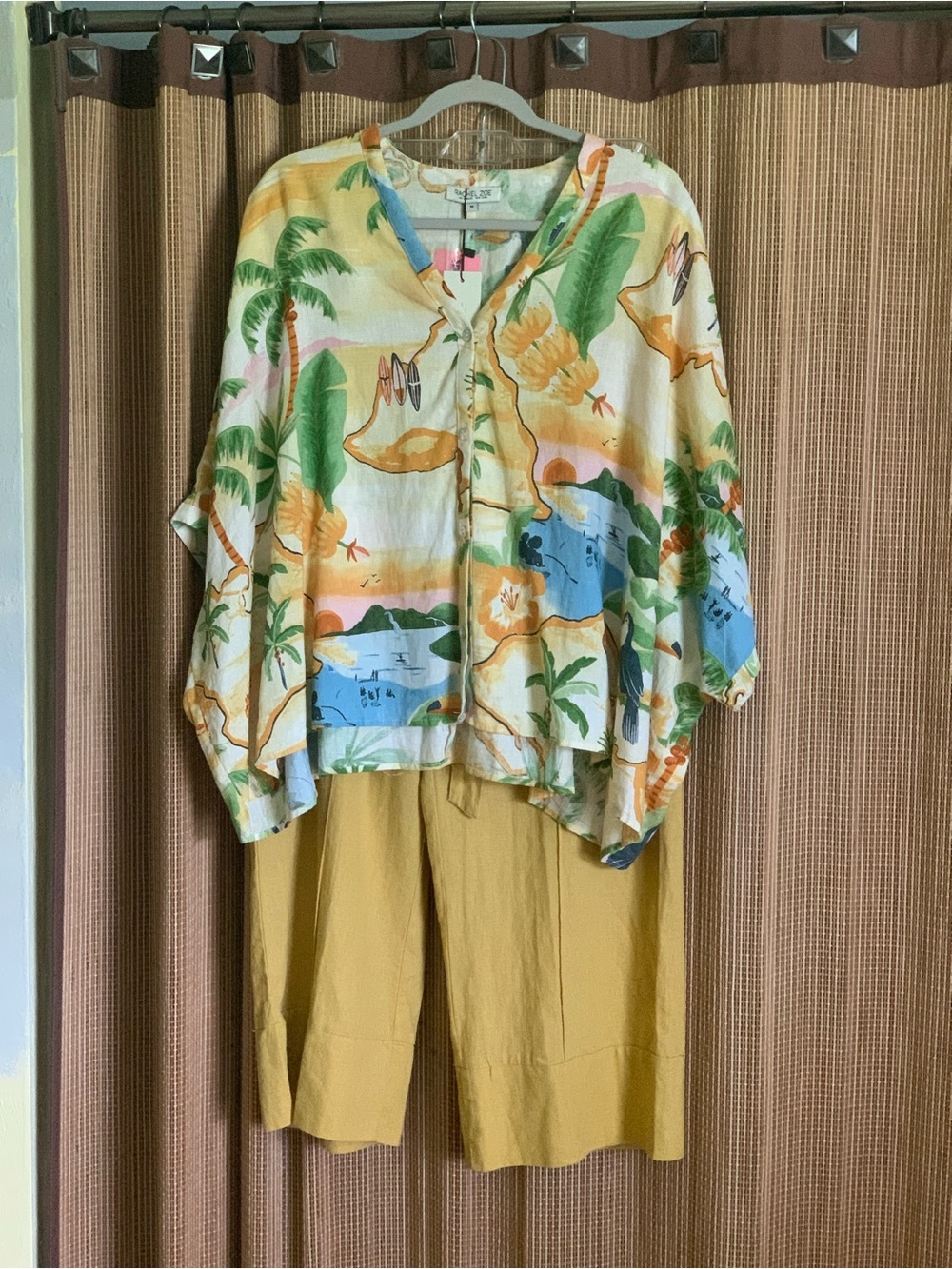 Linen Blend Tropical Button Front Shirt in Mustard Green & Blue